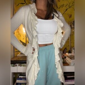Vintage 90s Chaps Ralph Lauren Angora Ruffle Trim Open Cardigan Duster Sweater